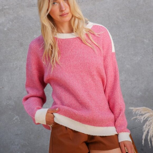 LUMIERE Ribbed Sweater, White Trim, Cozy Knit Pullover - Picture 3 of 6